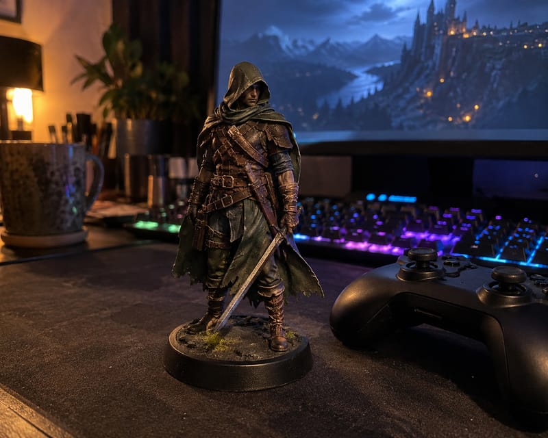 A 3D printed figure of a hooded game character next to a controller