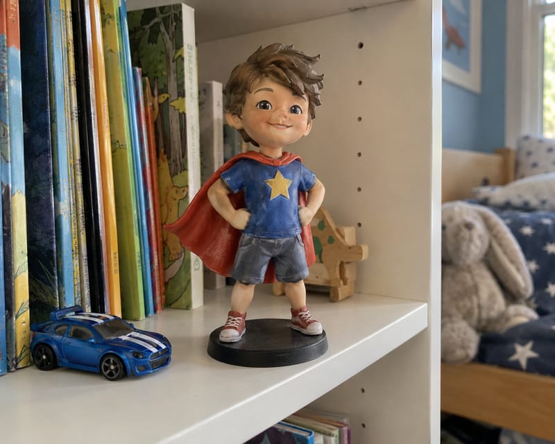 A 3D printed figure of a young boy in a superhero cape standing on a bookshelf