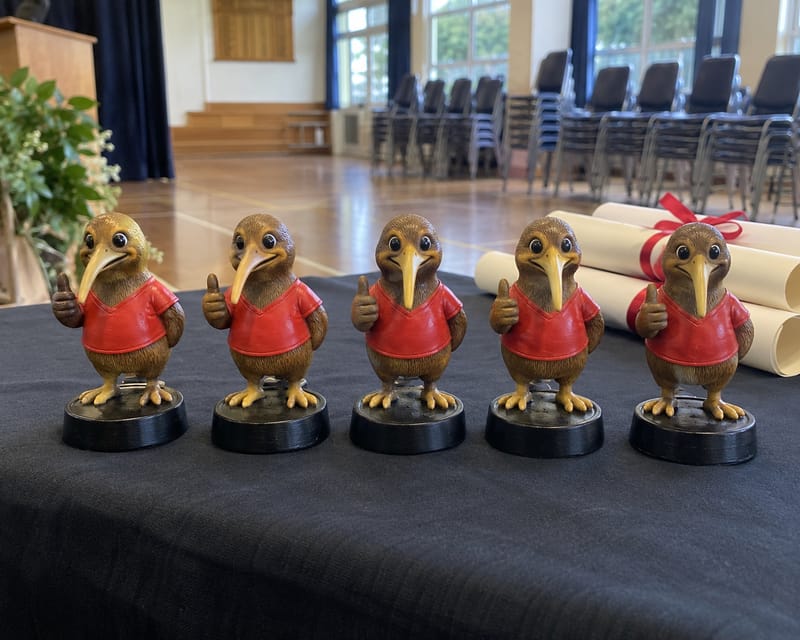 A row of 3D printed kiwi mascot figures made as prizegiving trophies