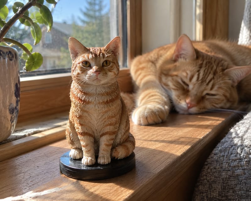 A 3D printed figure of a cat, hand painted to match the real cat beside it on a windowsill