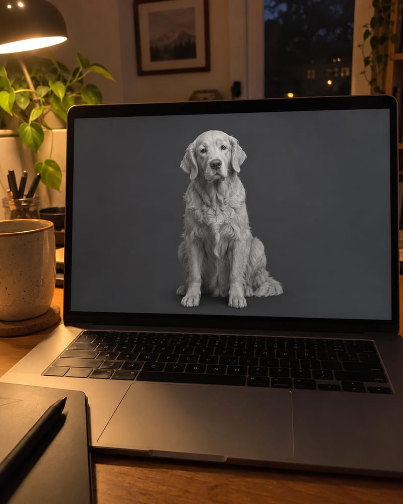 A grey digital sculpt of the golden retriever on a laptop screen