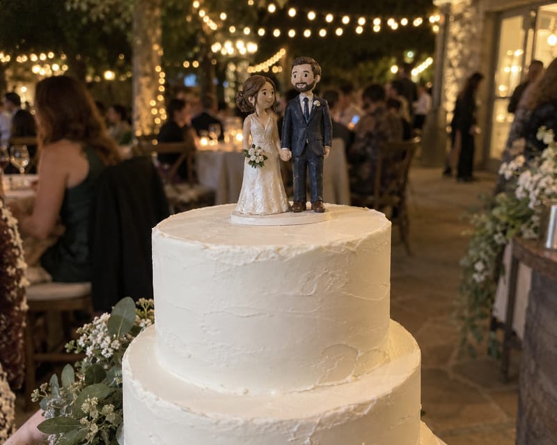 A 3D printed bride and groom figure standing on top of a white wedding cake